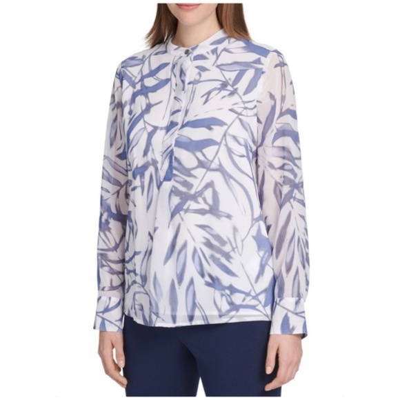 DKNY Blue Printed Long Sleeve Blouse Size Medium - Picture 1 of 10